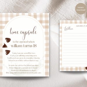 May include: A time capsule card set with a beige gingham pattern. The main card reads "time capsule" and "to be opened when William turns 18." The second card is lined and says "William" and "September 27, 2024."