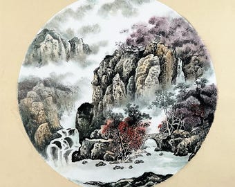 清らかで穏やかな渓流。オリジナルの中国水墨山水画、手描きの壁飾り