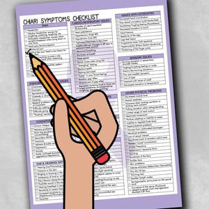 Könnte beinhalten: Eine Checkliste mit Symptomen, die mit der Chiari-Malformation in Verbindung stehen. Die Checkliste ist in Kategorien wie Schmerzen, Gleichgewicht, Kognition, Ohr- und Hörprobleme, sensorische Probleme, Probleme mit den Gliedmaßen und andere körperliche Probleme unterteilt. Jede Kategorie enthält eine Liste von Symptomen, die abgehakt werden können.