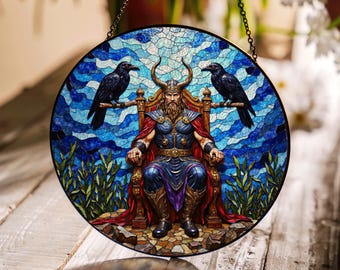 Atrapasueños de vidrieras con forma de dios vikingo y cuervos, decoración de ventana de mitología nórdica, regalo para papá o esposo