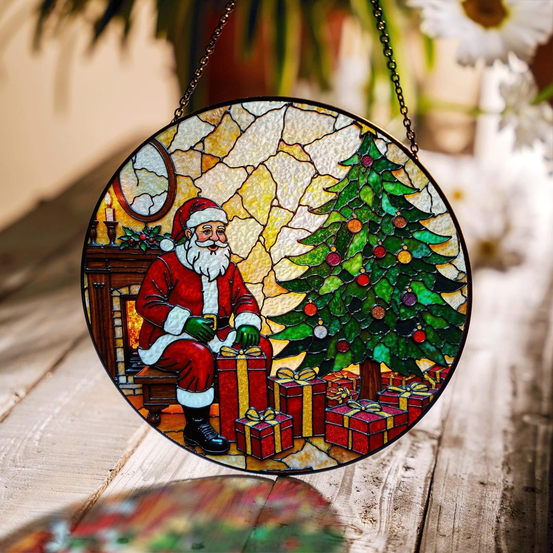 Santa by Christmas Tree Stained Glass Suncatcher Holiday Window Decor ...