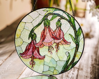 Atrapasueños de vitral con flores de campanilla rosa, redondo, floral, para colgar en la ventana, regalo para el Día de la Madre o para los amantes de la jardinería.