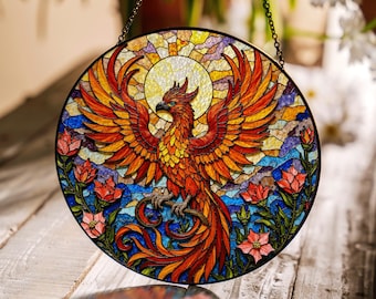 Vibrant Phoenix Bird Stained Glass Suncatcher Window Decor Gift for Mythology Lovers