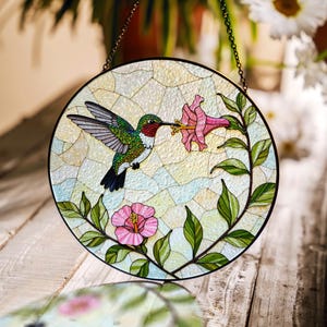 Colorful hummingbird and flower stained glass suncatcher window decor gift for Mother&#39;s Day or spring birthday