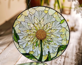 White daisy stained glass suncatcher round floral decor gift for mom