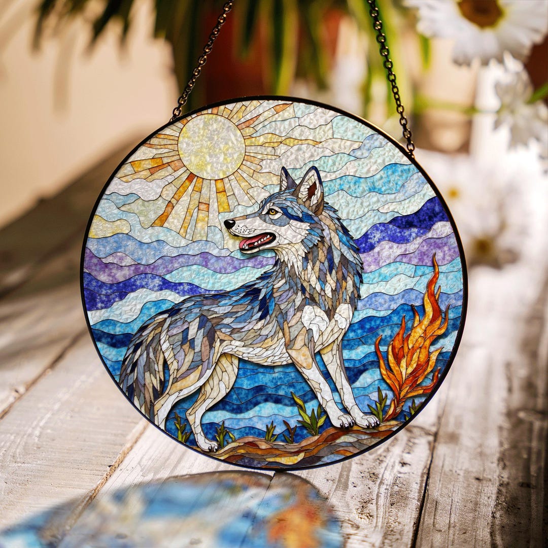 Window Howling Howling Wolf Forest Scene Suncatcher Stained Glass Window Decor Gift ...