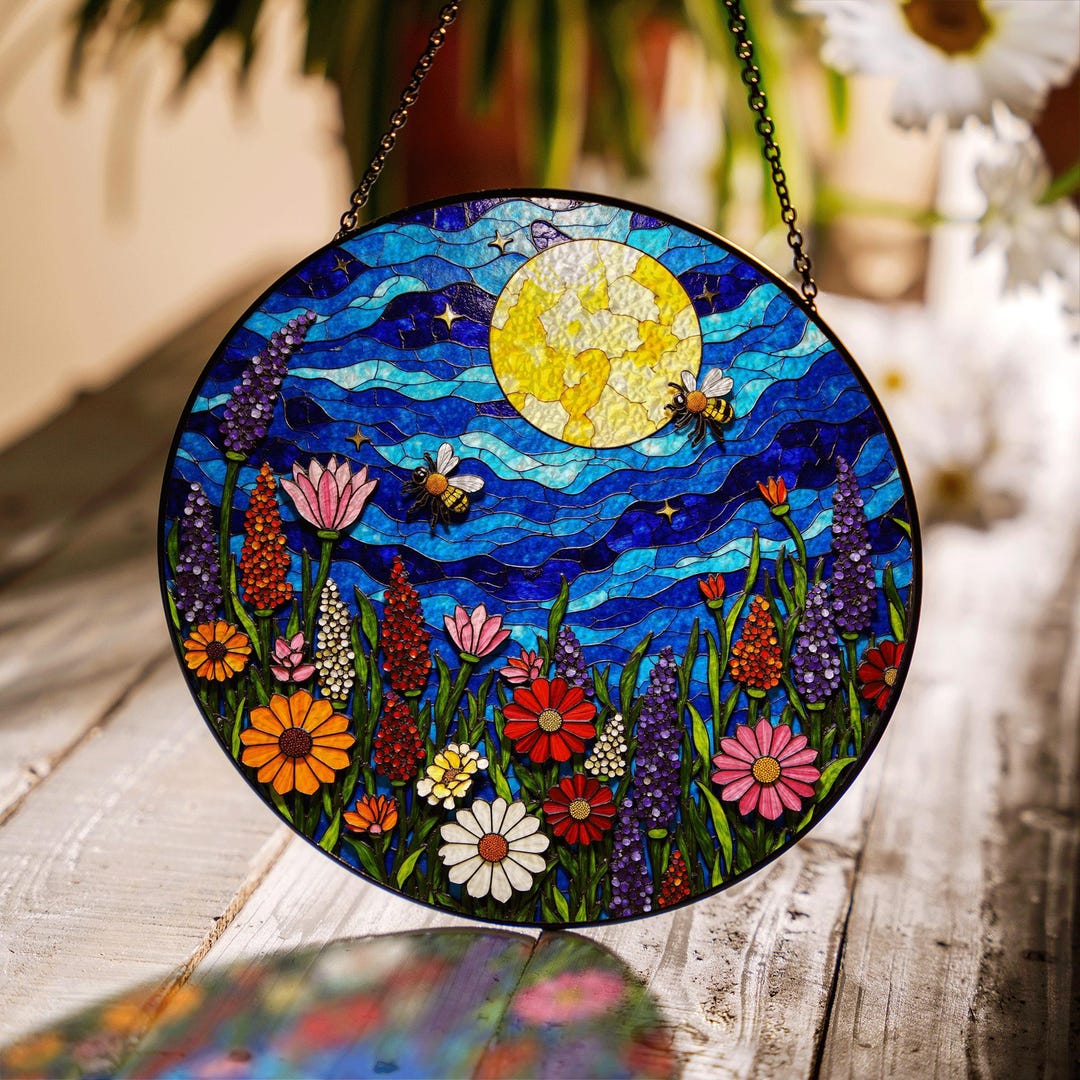 Wildflower Bees Under Full Moon Stained Glass Window Decor Gift for ...