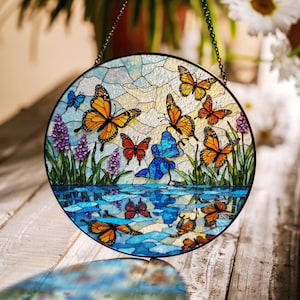 colorful butterflies over lake round suncatcher stained glass art gift for mom