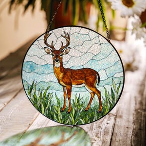 Stag in forest stained glass round suncatcher deer window decor gift for nature lover