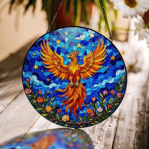 Vibrant Phoenix Bird Rising Stained Glass Suncatcher Spiritual Window Decor Gift for Nature Lovers