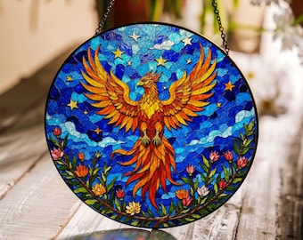 Vibrant Phoenix Bird Rising Stained Glass Suncatcher Spiritual Window Decor Gift for Nature Lovers