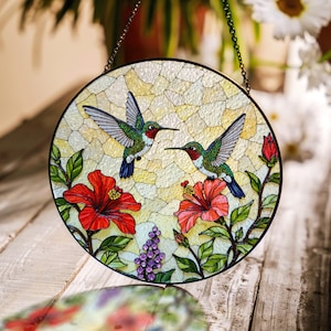 Two hummingbirds flying around hibiscus flower stained glass suncatcher gift for mom or grandma