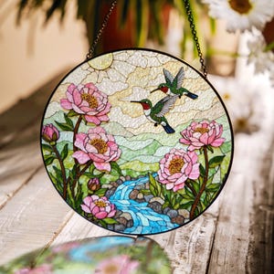Hummingbirds Pink Flowers Stained Glass Suncatcher Window Hanging Nature Art Gift for Mom