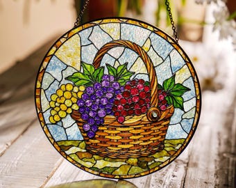 三種のフルーツ ヴィンテージ ステンドグラス ベリーズ・アンド・グレープス Stained Glass Window - W-425 Victorian Style Fruit Basket for