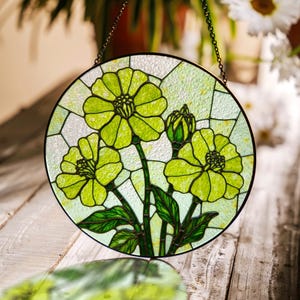 Yellow flower stained glass round suncatcher window decor gift for mom