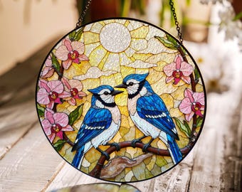 Blue Jays on Branch Stained Glass Suncatcher Round Window Hanging Bird Art Gift for Mom
