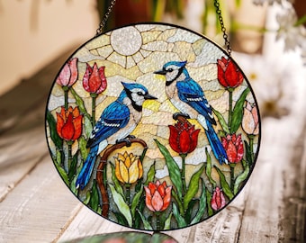 Blue Jays Tulips Round Stained Glass Window Hanging Spring Bird Suncatcher Gift for Bird Lovers Mom or Garden Enthusiasts