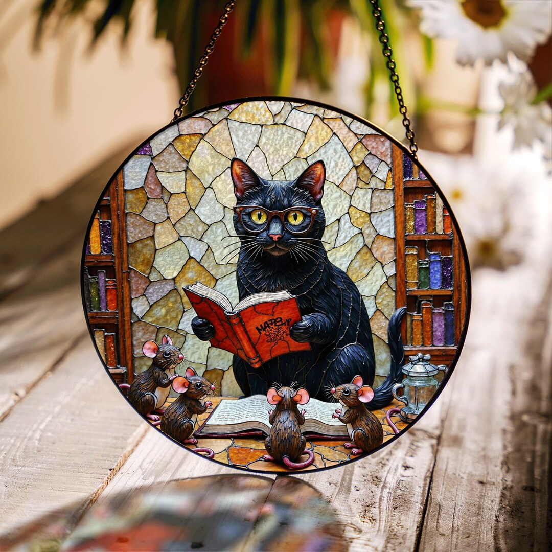 Suncatcher Stained Glass Black Cat Reading With Mice Book Lover Gift ...