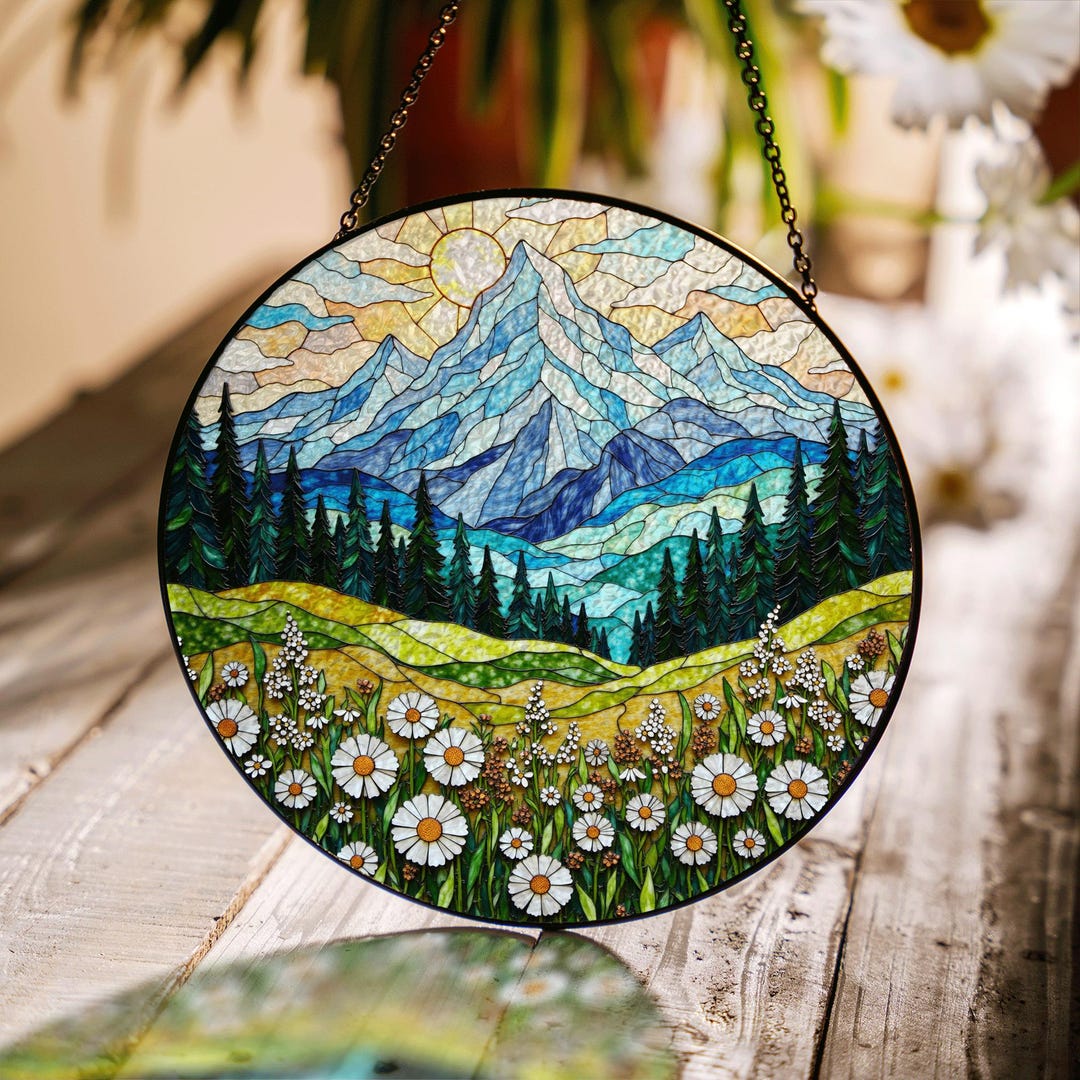 Alpine Wildflower Field Mountain Stained Glass Suncatcher Window Decor ...