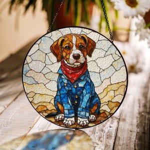 dog in red bandana wearing blue jacket stained glass suncatcher gift for pet lovers