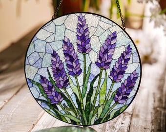 Purple lavender flowers stained glass suncatcher handmade window decor gift for mom