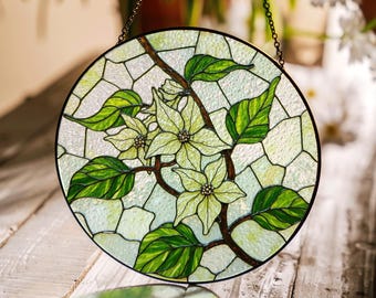 white dogwood flowers stained glass window hanging spring suncatcher gift for mother