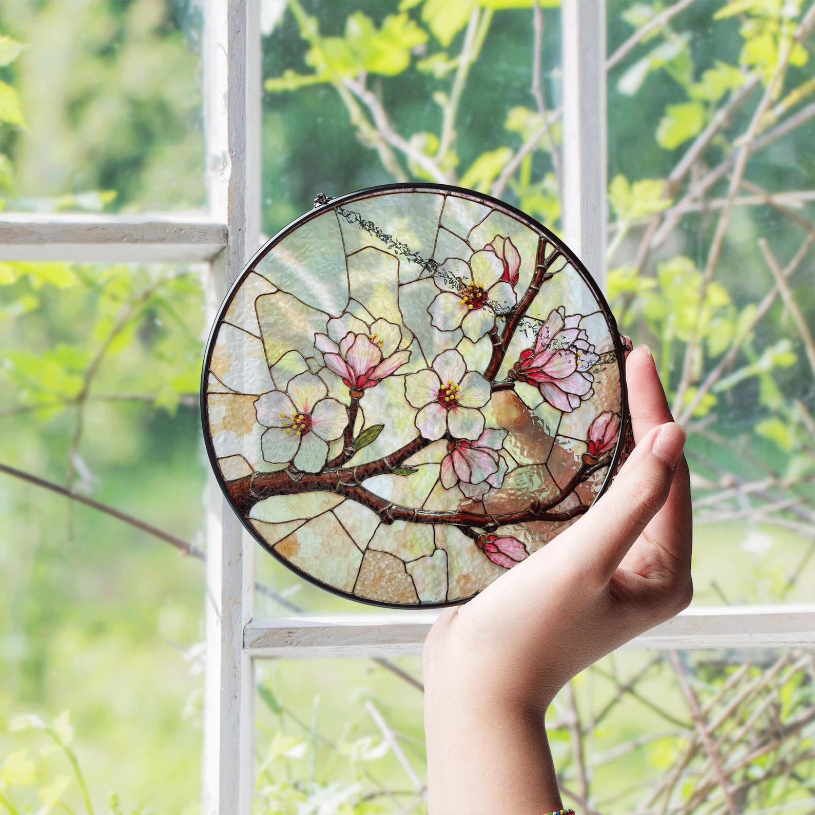 Small Berry Window Rings Cherry Blossom Floral Branch Round Stained Glass Window Hanging Gift ...