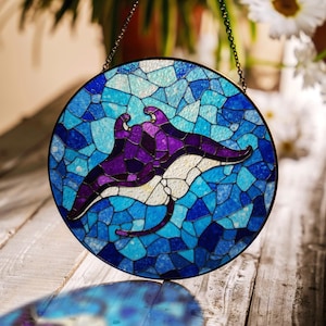 Purple Manta Ray Ocean Suncatcher Stained Glass Window Decor Gift for Ocean Lovers