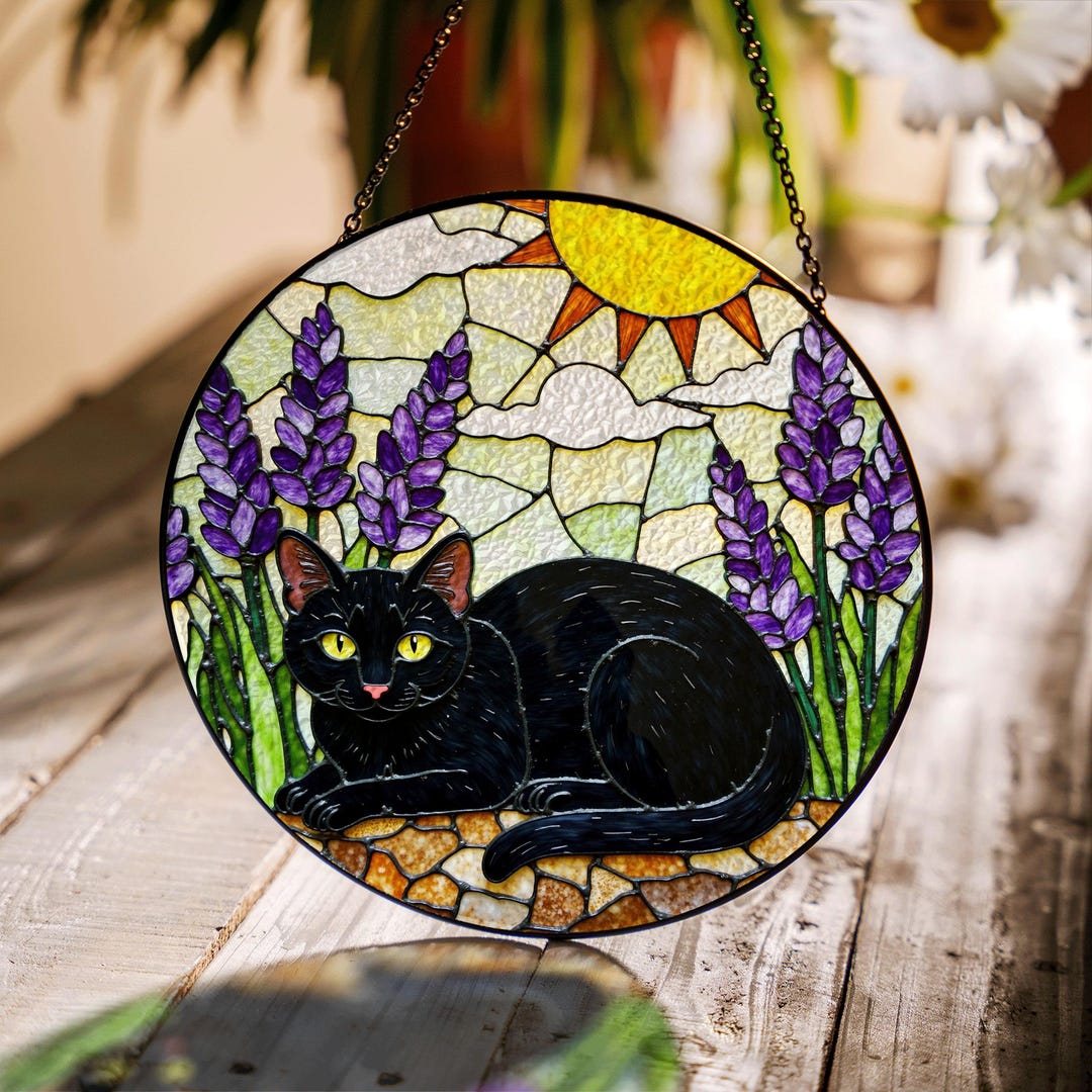 Suncatcher Stained Glass Black Cat With Lavender Flowers in Sunshine ...