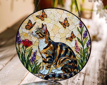 青い目の猫と蝶と花のステンドグラスアート - 気まぐれな猫の自然風景