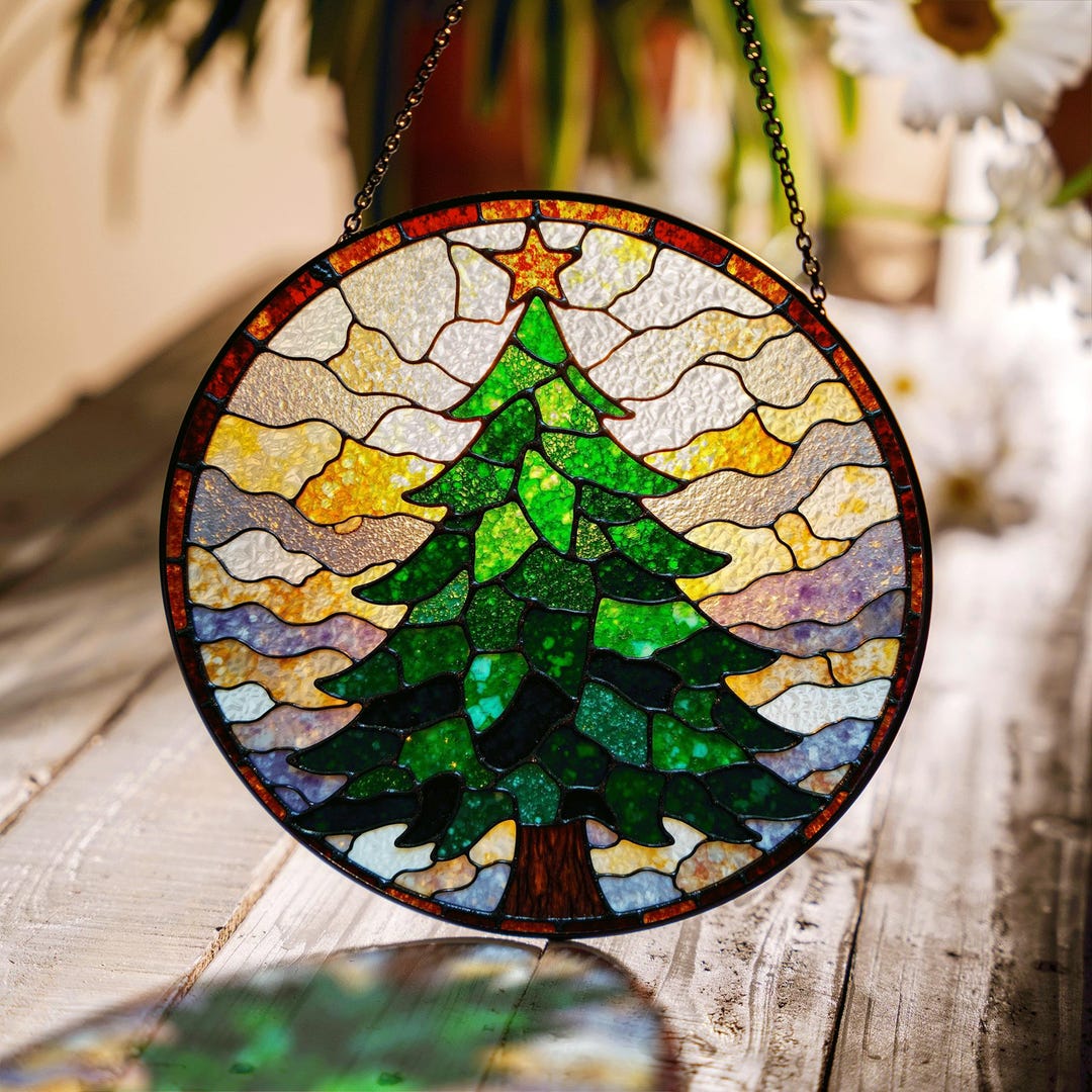 Christmas Tree Forest Suncatcher Round Stained Glass Window Decor Gift ...