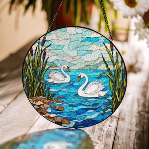Elegant Swan Lake Scene Suncatcher Stained Glass Window Art Gift for Wedding Anniversary Couple