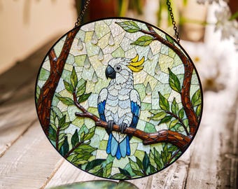 ガラス絵のオウム - 窓用サンキャッチャー - 鳥の窓飾り - 動物の窓絵