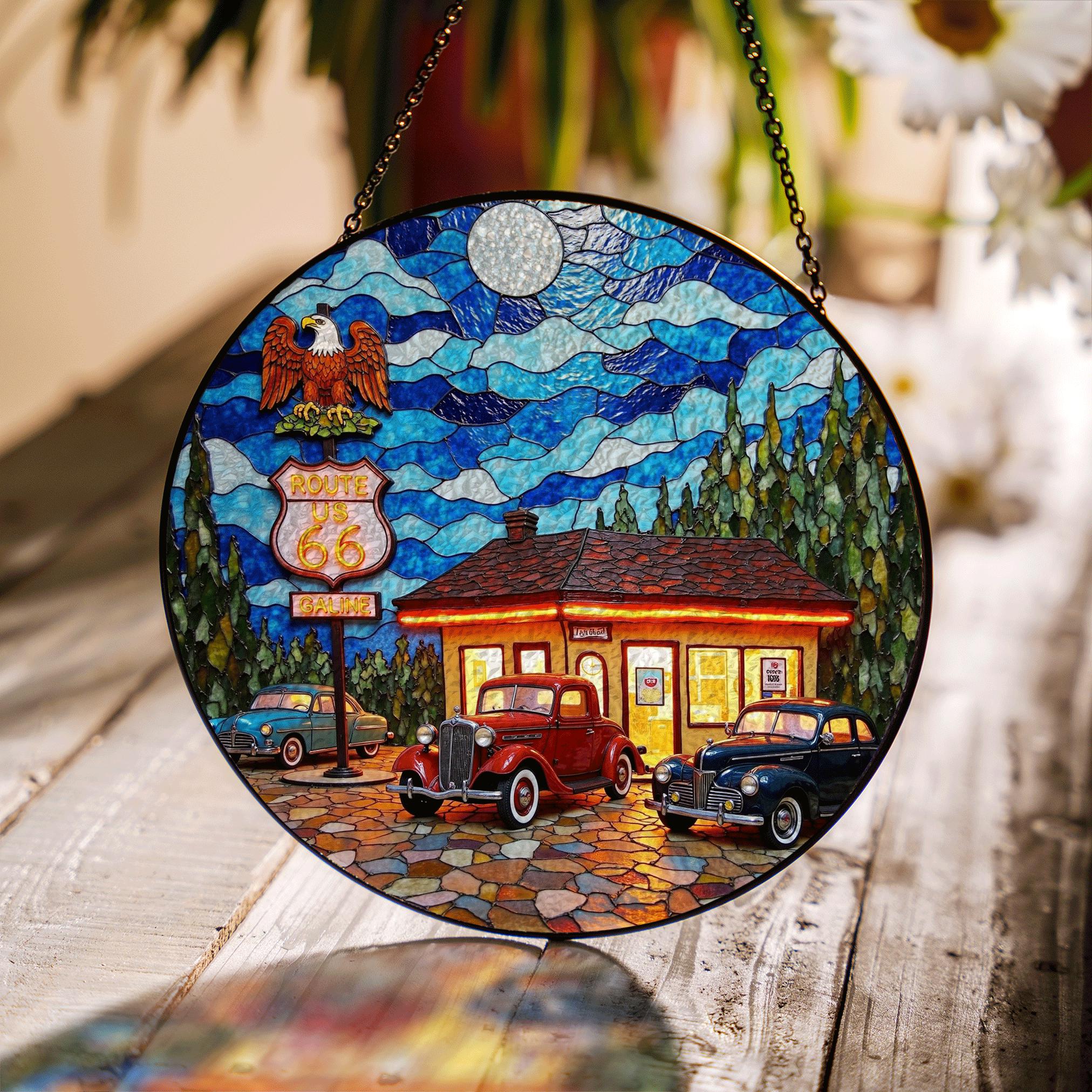 Vintage Route 66 Gas Station Scene Glass Suncatcher Retro Car