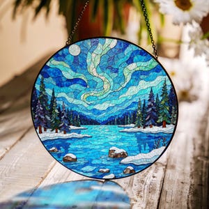 Northern lights forest scene suncatcher window hanging stained glass style gift for her