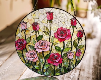 Red and pink rose floral stained glass round suncatcher gift for mom