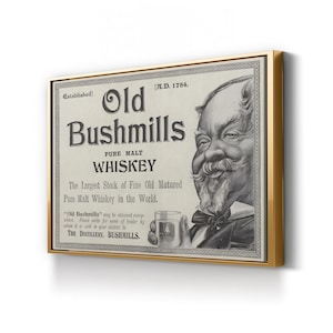Vintage Bushmills Whiskey Canvas Wall Art Retro Bar Decor for Home Office Framed Artwork Modern Large Canvas Art for Living Room Bedroom