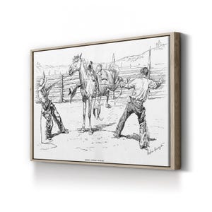 Vintage Western Cowboy Art Print: Bronco Busters Framed Canvas Wall Art