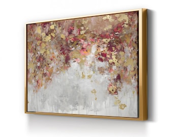 Abstract Floral Canvas Art: Pink, Red, and Gold Hues