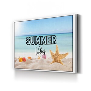 Summer Vibes Wall Art Light Canvas Print with Motivational Ocean and Beach Design for Coastal Home Decor, Framed Canvas Art for Beach Lover
