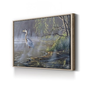 Quiet Cove Great Blue Heron Canvas Art for Nature Inspired Home Decor Framed Wall Art for Living Room or Office Wildlife and Bird Prints
