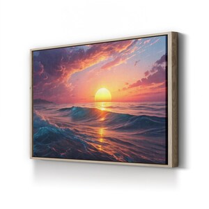 Ocean Sunset Canvas Print: Framed Beach House Decor, Hand Cut Wood