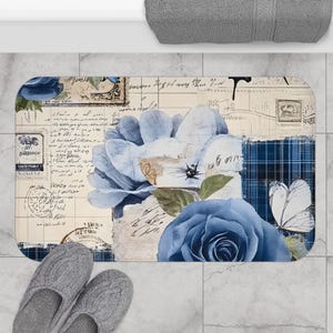 Blue Vintage Floral Bath Mat, Garden Decor, Shabby Chic Bathroom, Elegant Home Accessory, Wellness Gift, Blue Floral Bathroom Mat, Bath Mat