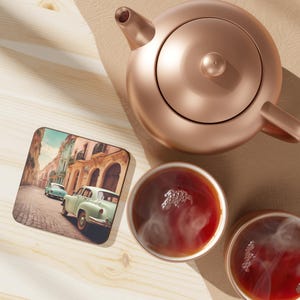 Vintage Car Hardboard Coaster, Retro Drink Coaster, Home Bar Decor, Gift for Car Lovers, Coaster Set, Kitchen Accessory, Stocking Stuffers