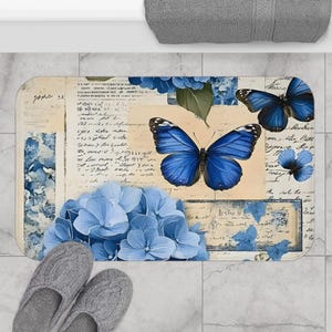 Blue Floral Butterfly Bath Mat, Butterfly Decor, Bathroom Decor, Blue Flower Bath Mat, Spring Home Accents, House Warming Gift, Bathroom Mat