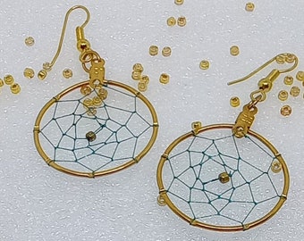 Dreamcatcher Earrings - 1" Hoops - Teal Metallic web - Hand woven!