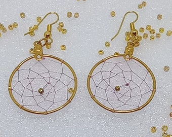 Dreamcatcher Earrings - 1" Hoops - Rose Pink Metallic web - Hand woven!