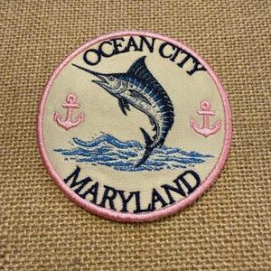 Ocean City Maryland Marlin Patch, Pink Navy Nautical Anchor Embroidered (3 Inch)