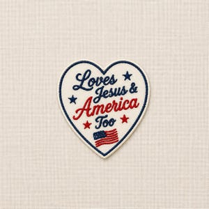Embroidered Heart Patch | Loves Jesus & America Too, Patriotic Flag Design