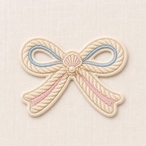 May include: An embroidered bow patch featuring a cream-colored rope texture. The design includes light blue accents on the upper loops, soft pink details on the lower tails, a central shell motif, and a small, round, white faux pearl embellishment.